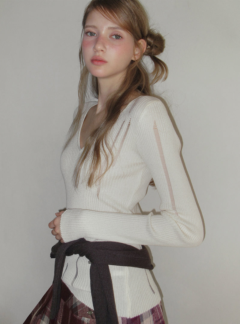 TWEE Peti vintage distressed V-neck long sleeve knit | Product styling view 4