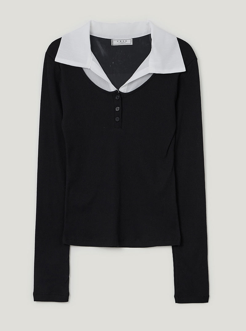TWEE Keller contrast collar ribbed long sleeve T-shirt | Black product-only view