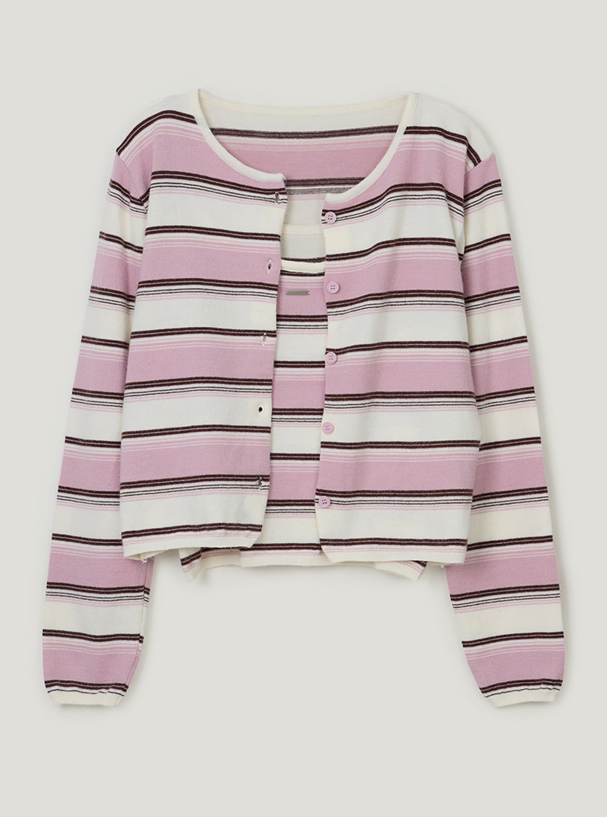 TWEE Curvin wide stripe sleeveless cardigan set | Pink product-only view