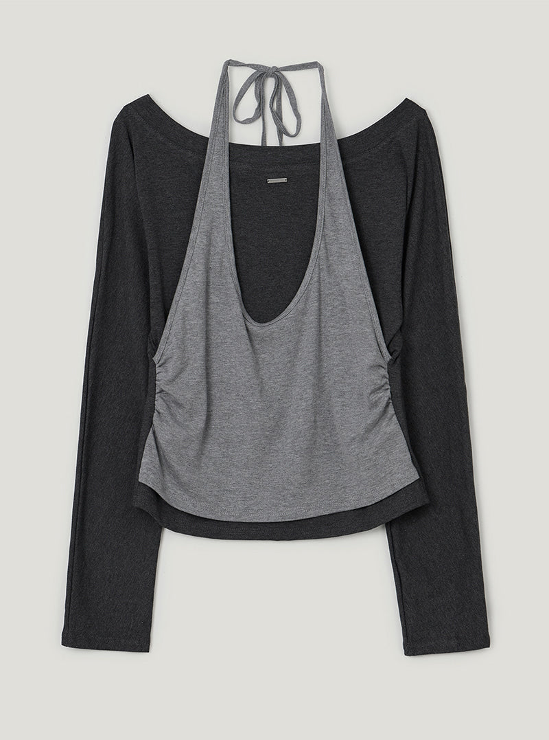 TWEE Robol halter sleeveless layered long sleeve T-shirt | Gray product-only view