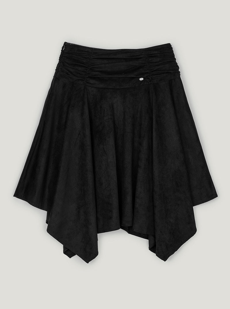 Tiz shirring suede asymmetric midi skirt | Black cutout