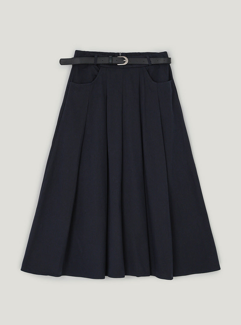 Moa belt flare long skirt | Navy cutout