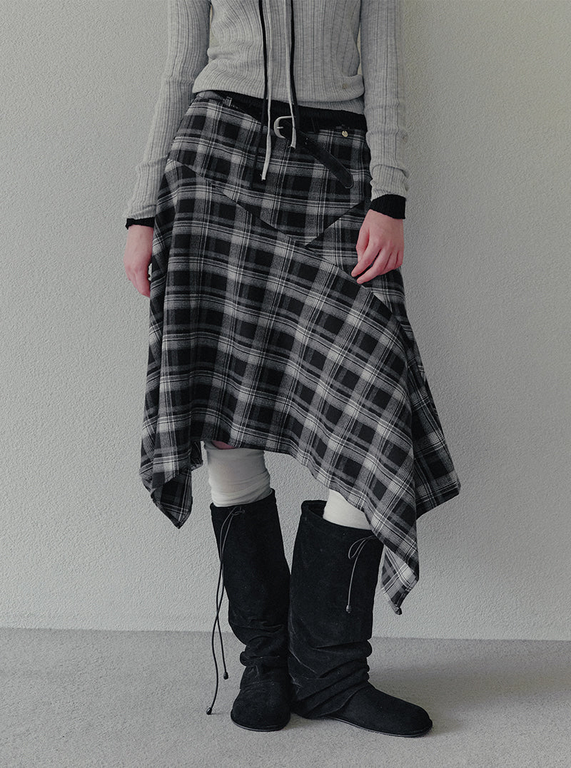 Pillin check asymmetric midi skirt (belt set) | View 9