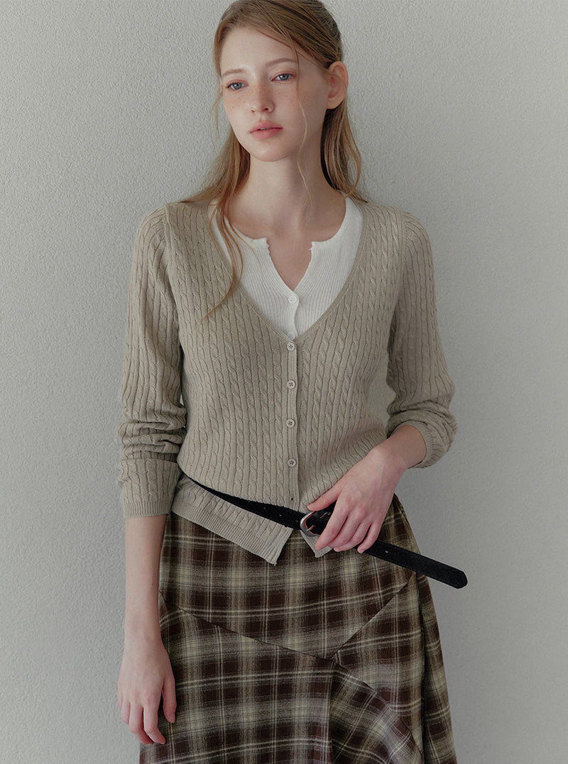 Pet contrast layered cable knit long sleeve cardigan | View 6