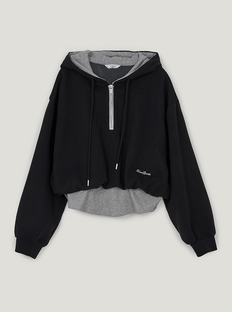 TWEE Medi layered half hood zip-up T-shirt | Black product-only view