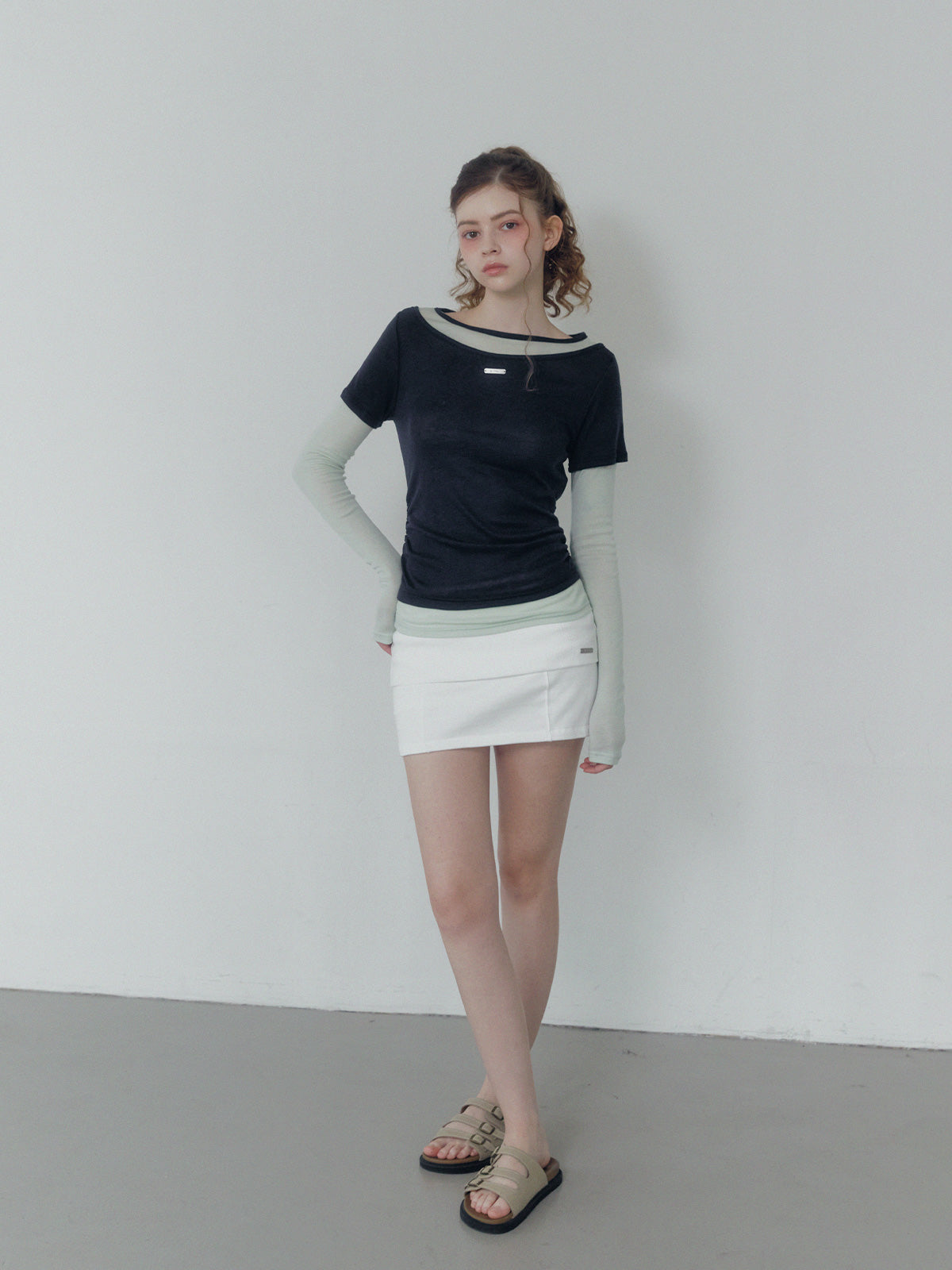 Lett contrast layered shirring long sleeve t-shirt