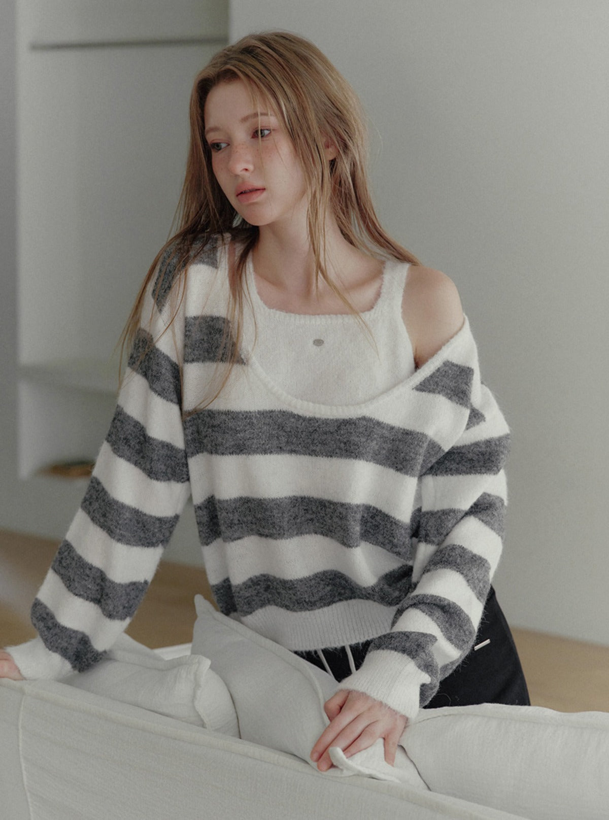 Liz halter layered stripe long sleeve knit | Main