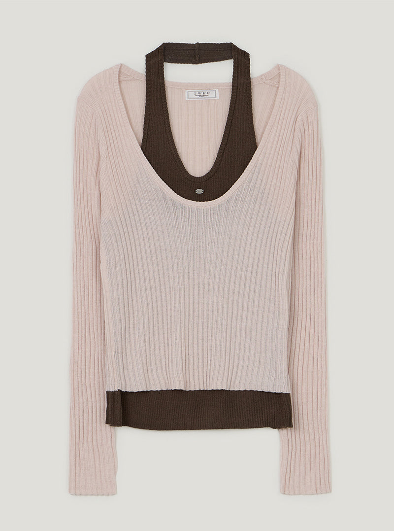 TWEE Besit halter layered long sleeve knit | Pink product-only view