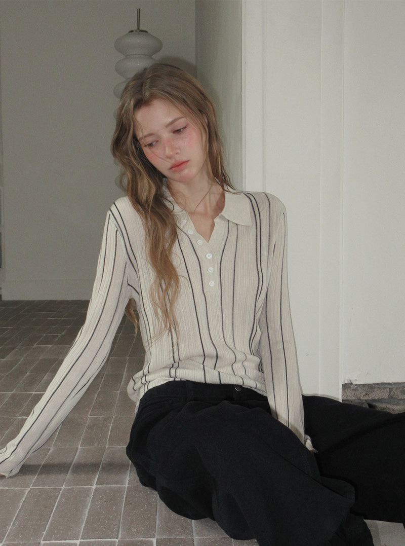 TWEE Polin collar vertical ribbed long sleeve knit | Product styling view 9