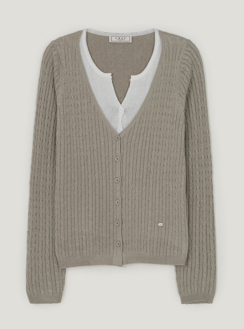 Pet contrast layered cable knit long sleeve cardigan | Beige cutout
