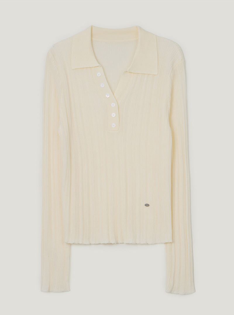 TWEE Polin collar vertical ribbed long sleeve knit | Ivory product-only view