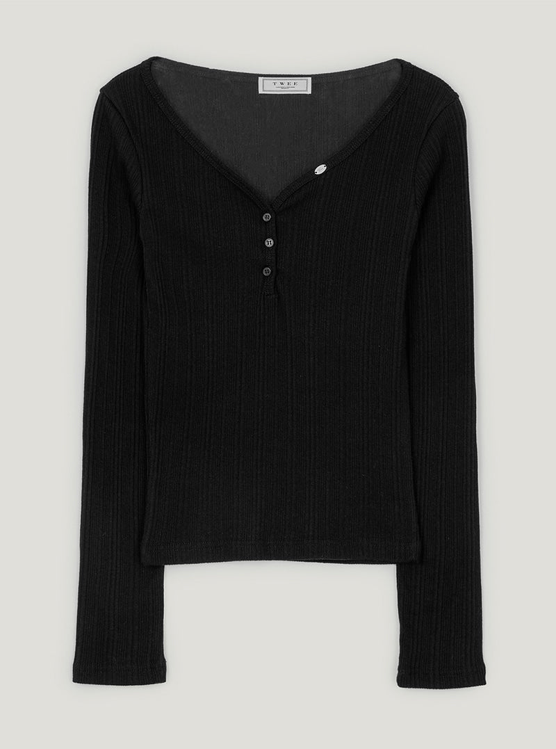 TWEE Enti button V-neck ribbed long sleeve T-shirt | Black product-only view