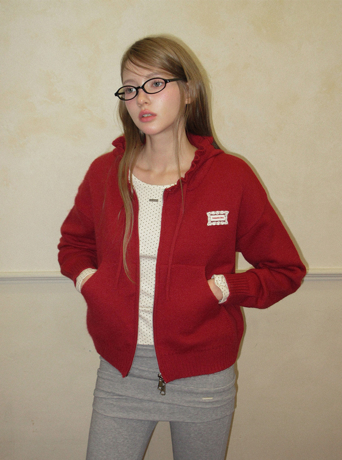 TWEE Berle wave hood long sleeve knit zip-up | Product styling view 3