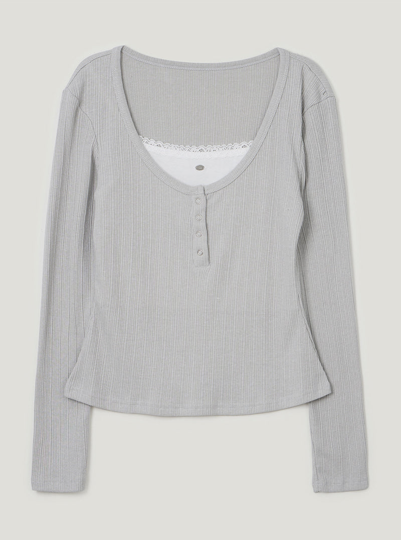 TWEE Runki layered button long sleeve T-shirt | Light gray product-only view