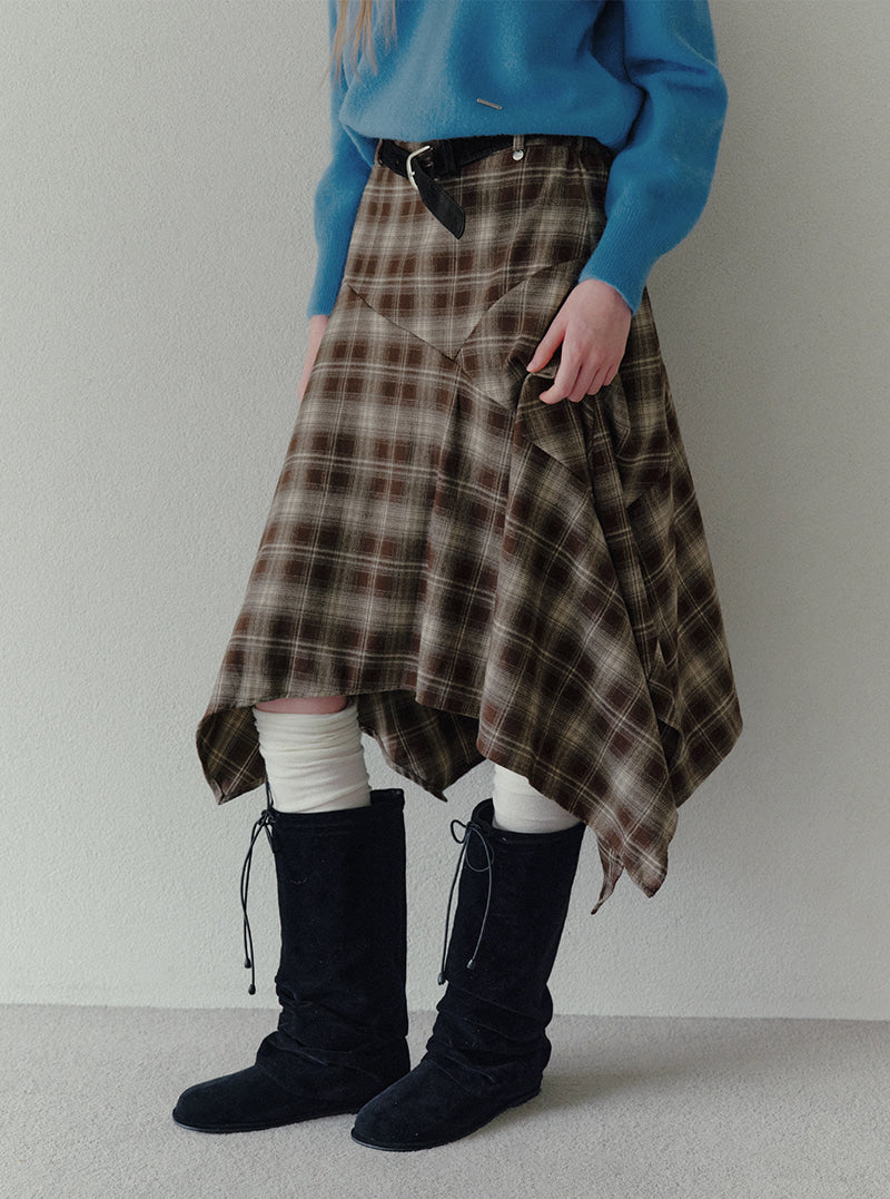 Pillin check asymmetric midi skirt (belt set) | View 5