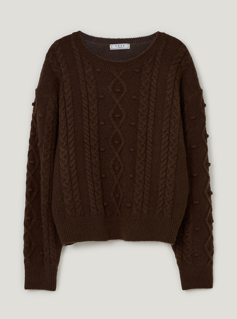 TWEE Kuti cable pattern round neck long sleeve knit | Brown product-only view
