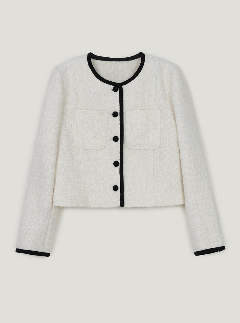 TWEE Osel contrast pocket long sleeve tweed jacket | Ivory product-only view