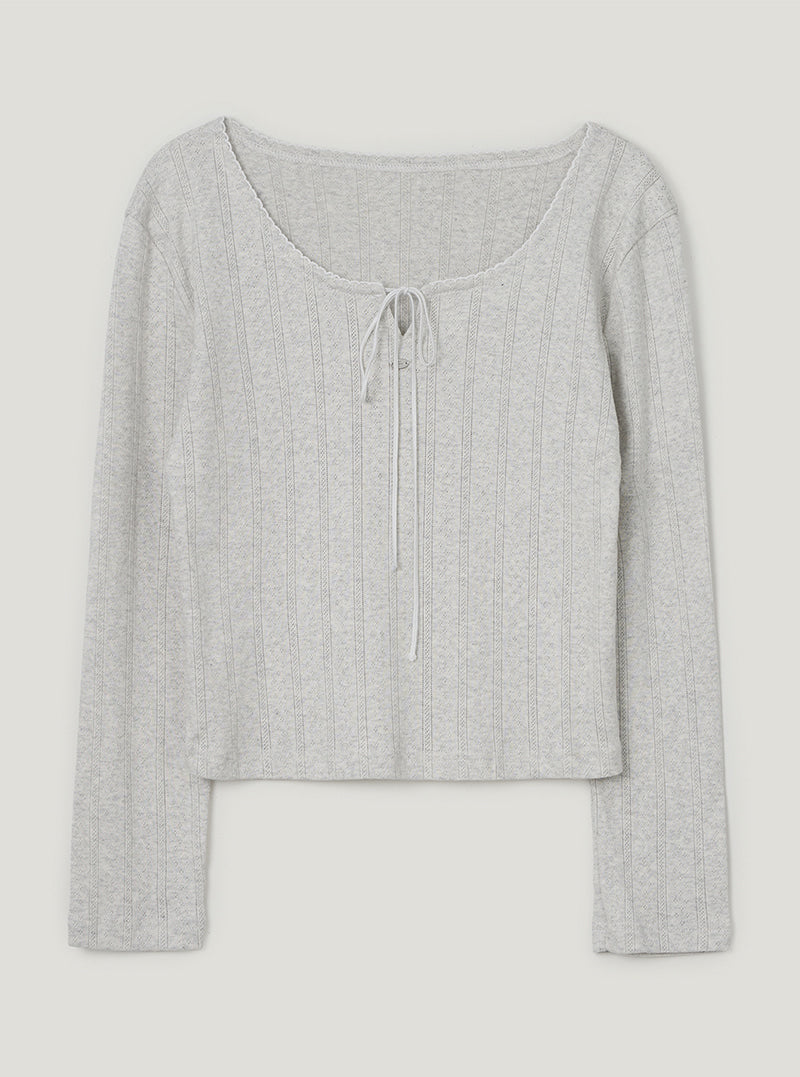 TWEE Wend punching lace strap long sleeve T-shirt | Light gray product-only view