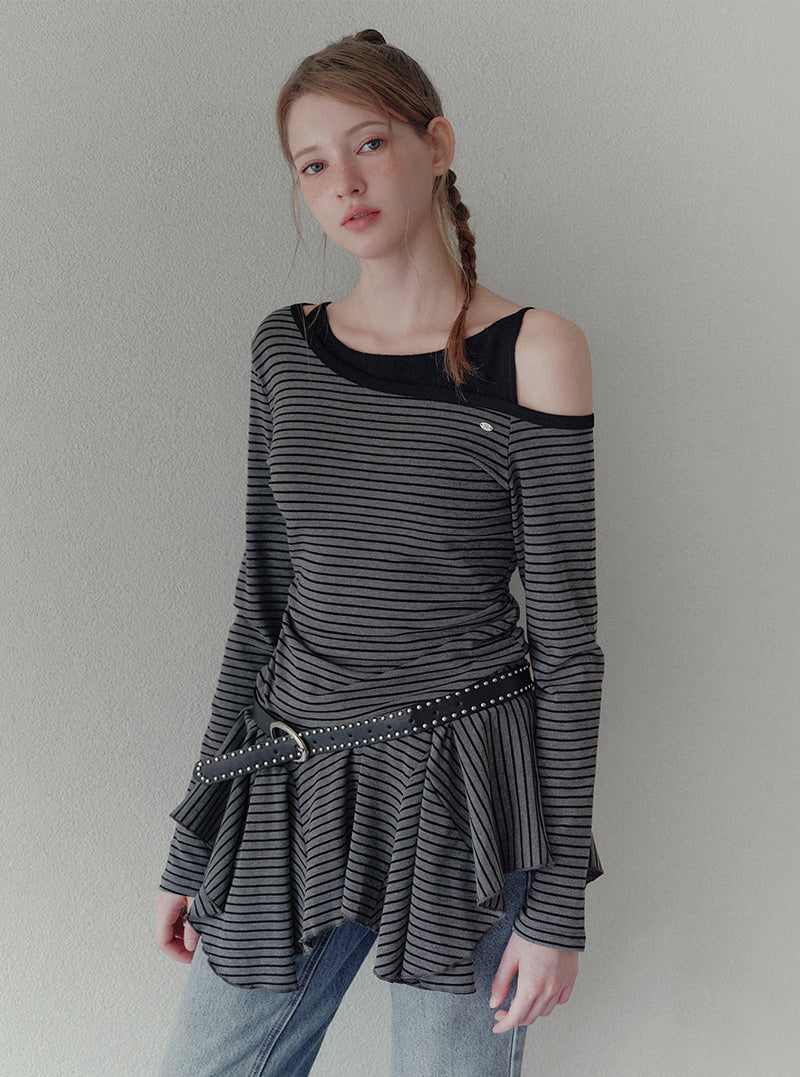 Billud one-shoulder stripe flare dress (belt set) | View 6