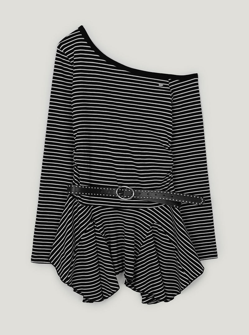 Billud one-shoulder stripe flare dress (belt set) | Gray cutout