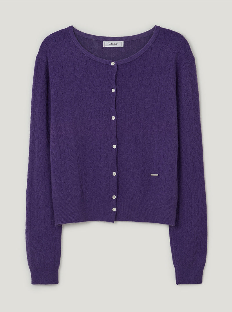 TWEE Itso cable round neck knit long sleeve cardigan | Purple product-only view