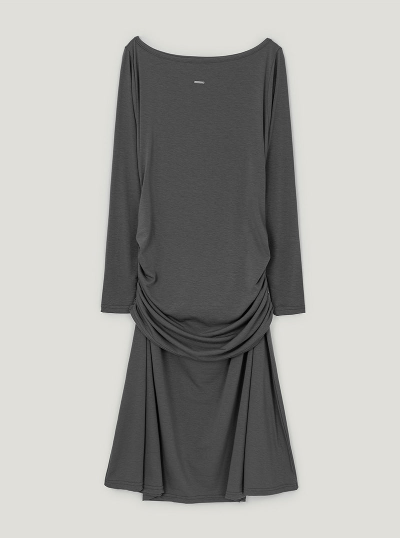 Elli shirring boat neck long dress | Charcoal cutout