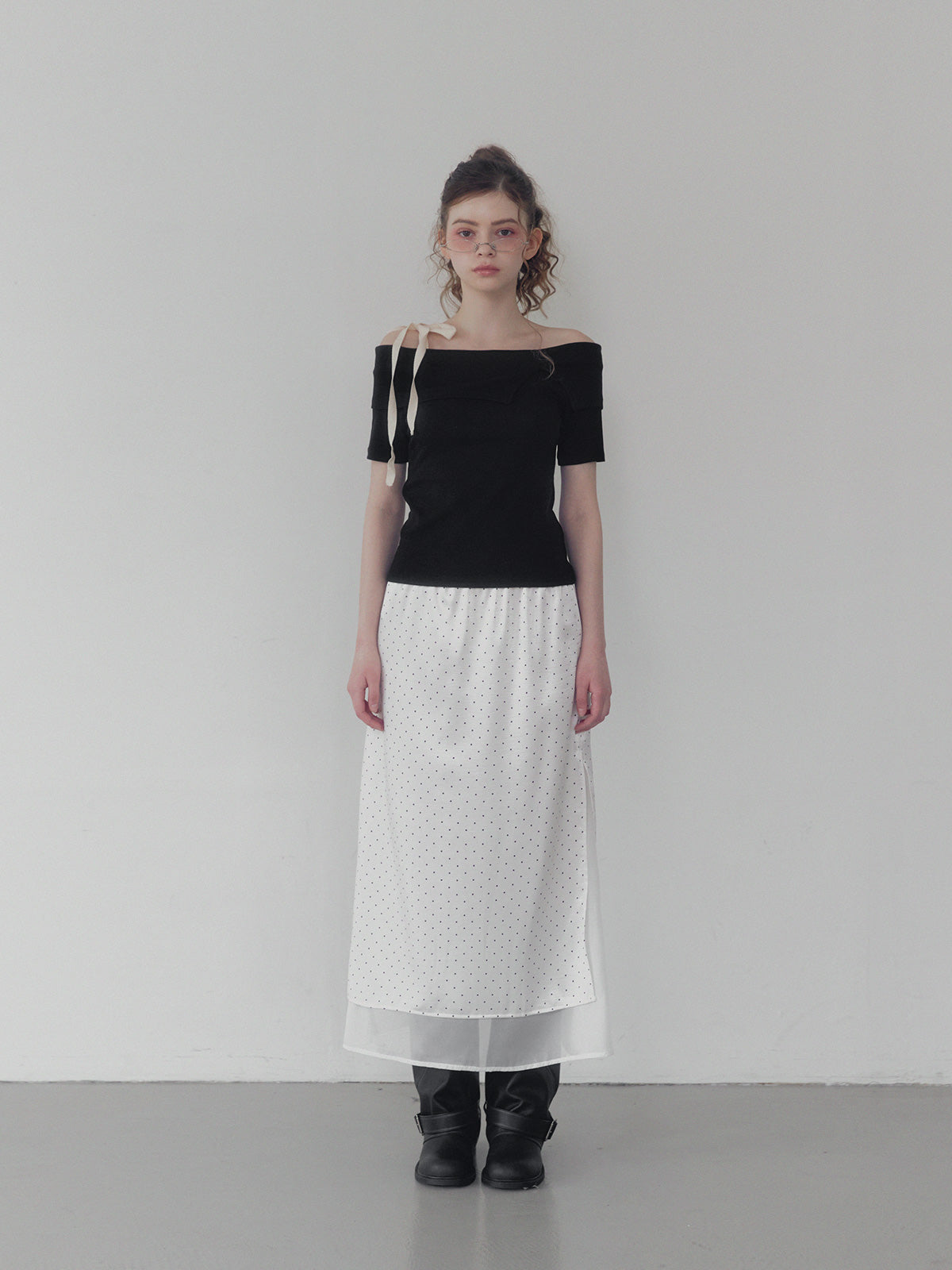 Purd dot layered banding long skirt