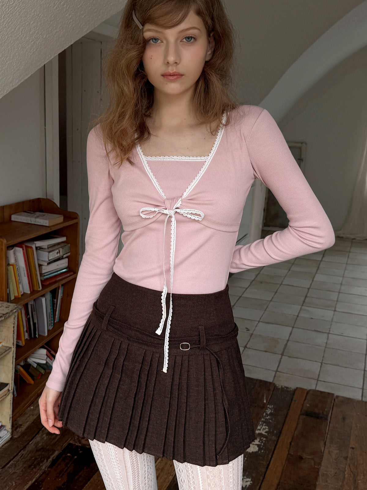 [TWEE] Bevil レイヤードコントラストレース長袖Tシャツ