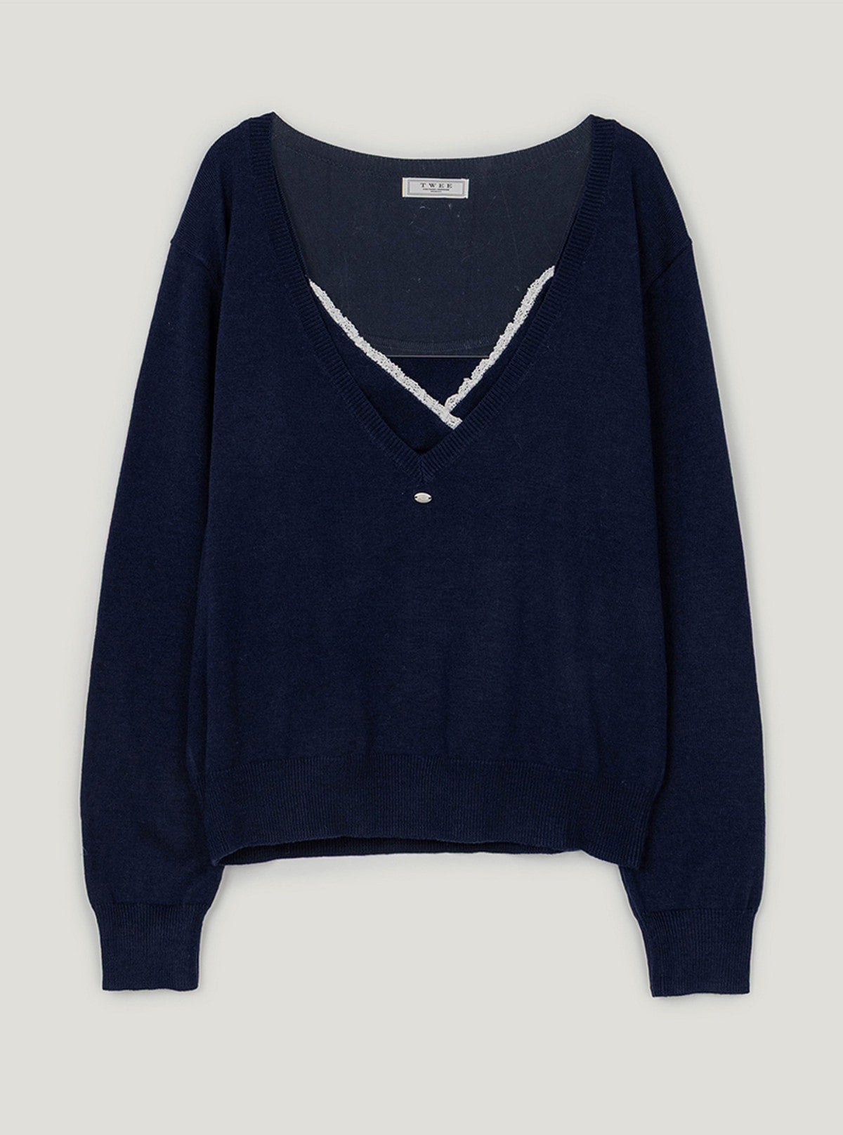 Romal lace sleeveless deep V-neck knit set | Navy cutout
