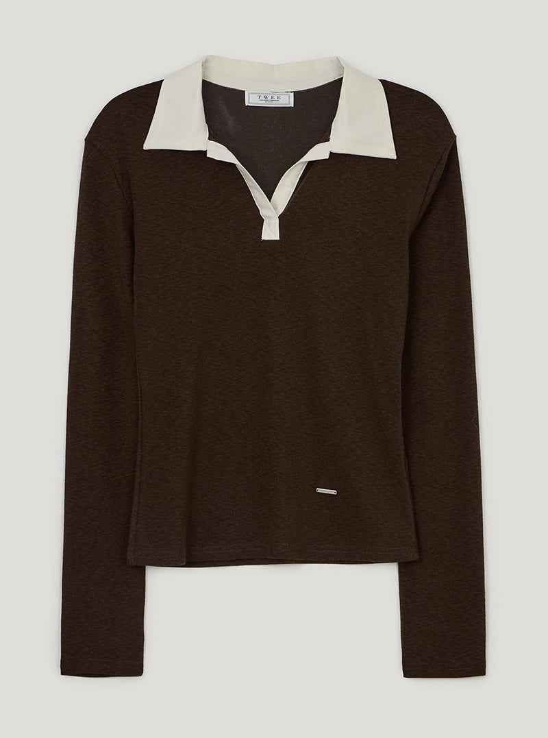 TWEE Tesher collar contrast long sleeve T-shirt | Brown product-only view