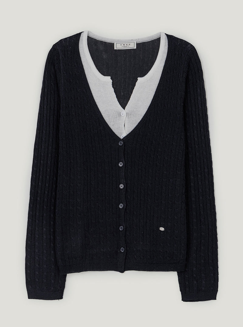 Pet contrast layered cable knit long sleeve cardigan | Navy cutout