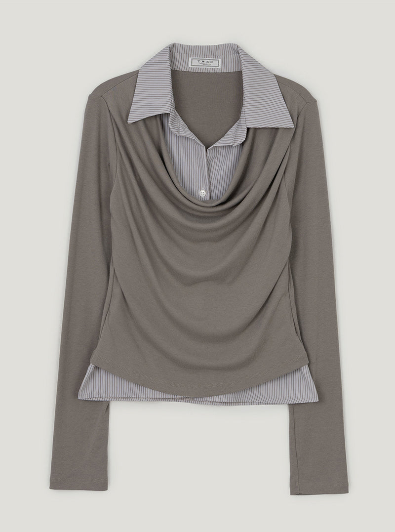 TWEE Ravi shirt contrast drape long sleeve T-shirt | Brown product-only view