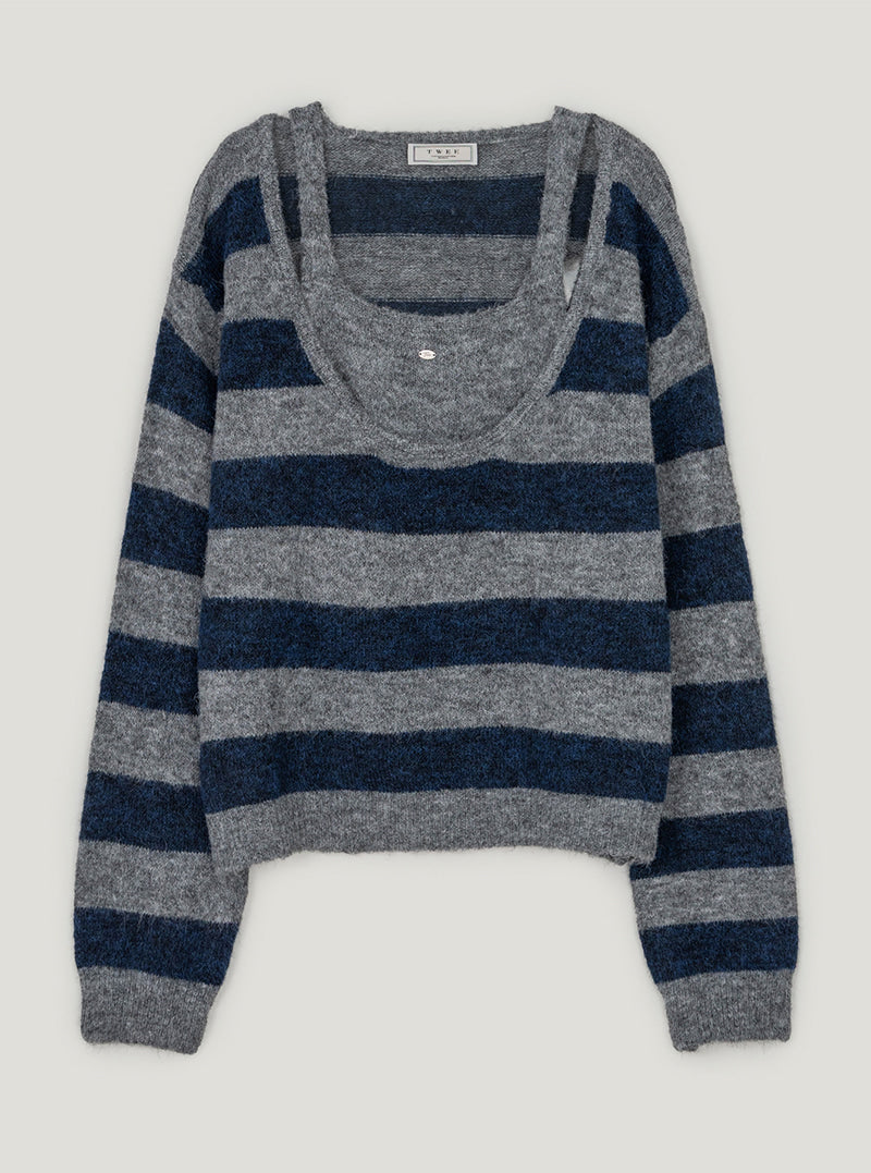 Liz halter layered stripe long sleeve knit | Navy cutout