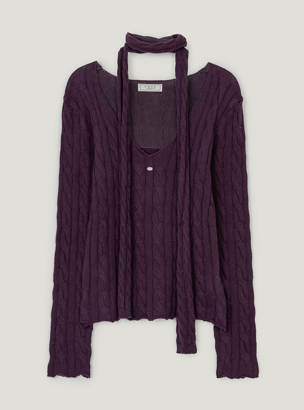 Sion cable V-neck long sleeve knit (muffler set) | Purple cutout