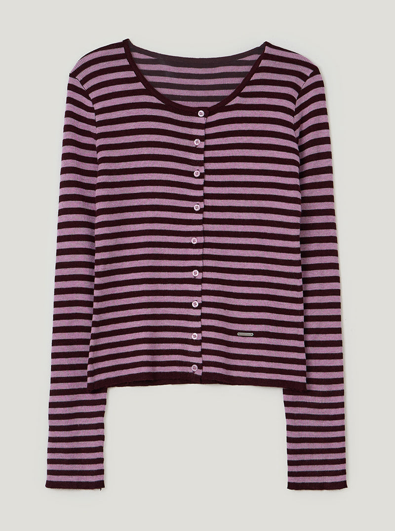 TWEE Pera stripe knit long sleeve cardigan | Wine product-only view
