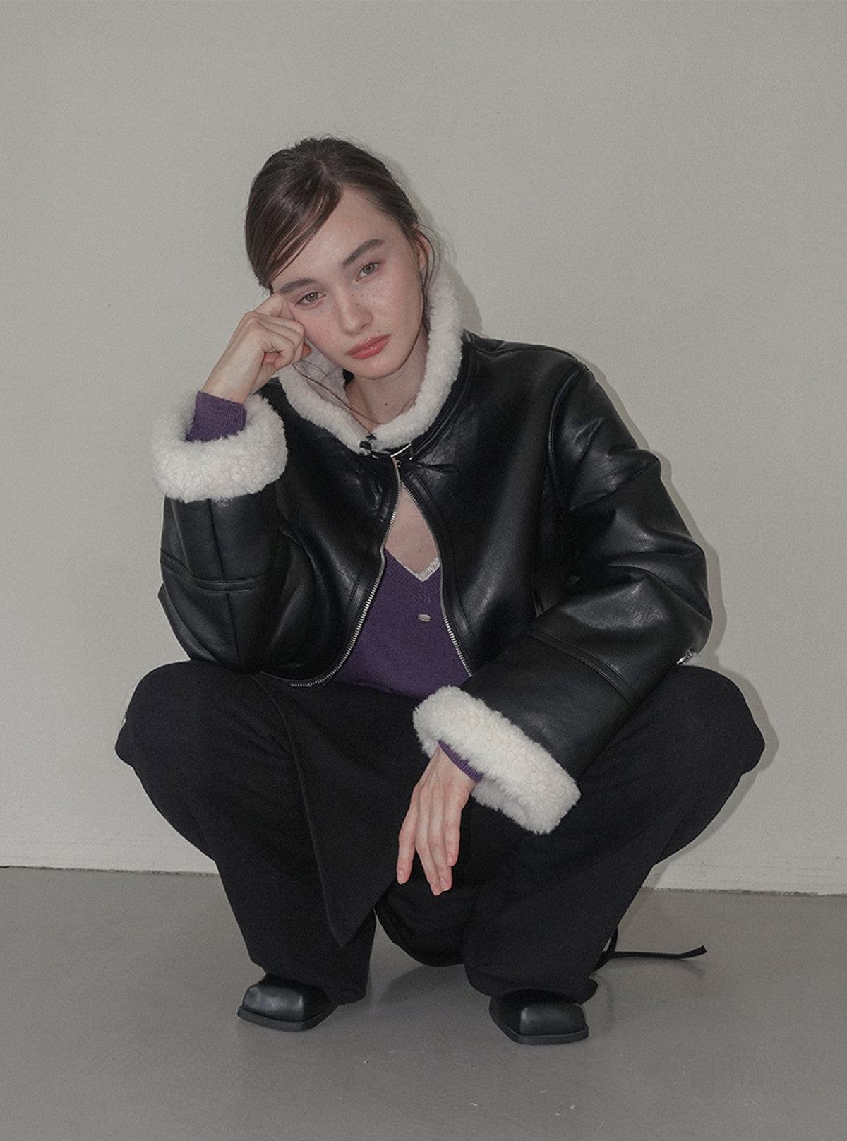 Zelto basic high-neck faux leather shearling jacket | View 6