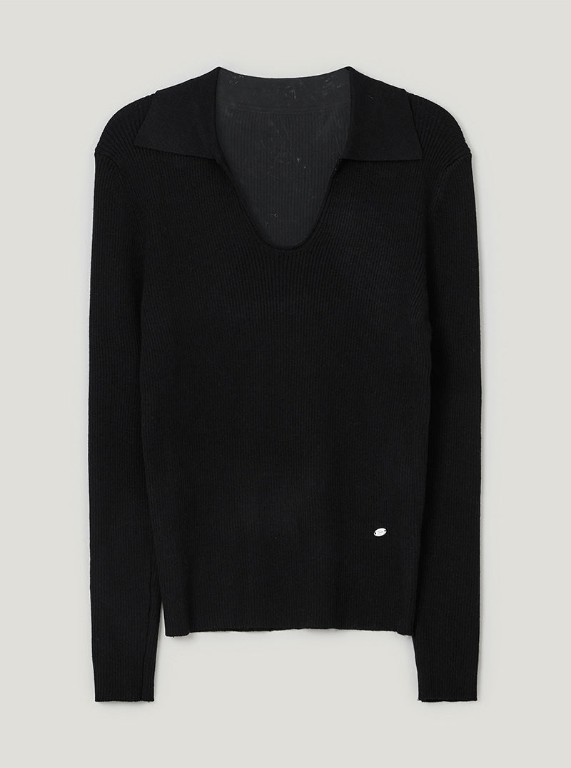 TWEE Ejeun open collar U-neck long sleeve knit | Black product-only view