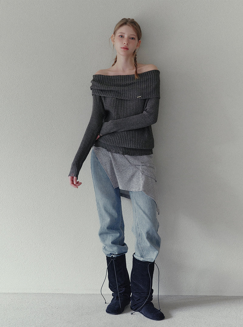 Kaen vintage distressed off-shoulder long sleeve knit | View 3