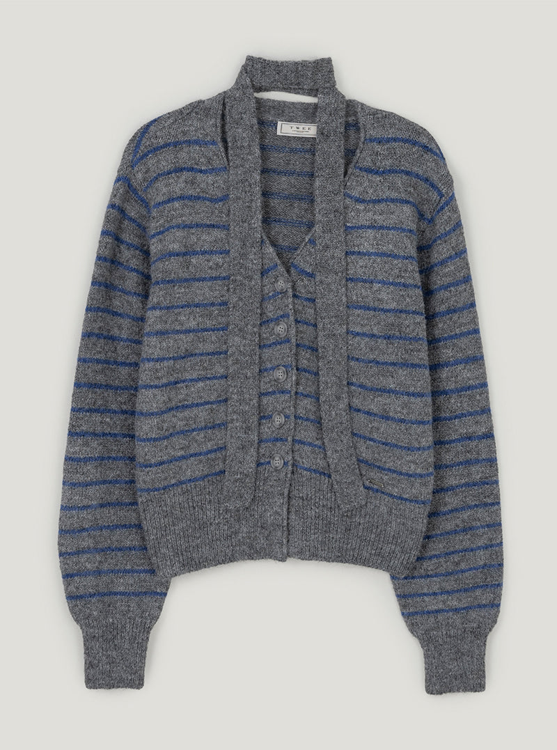 Pelia stripe knit long sleeve cardigan (strap set) | Gray cutout