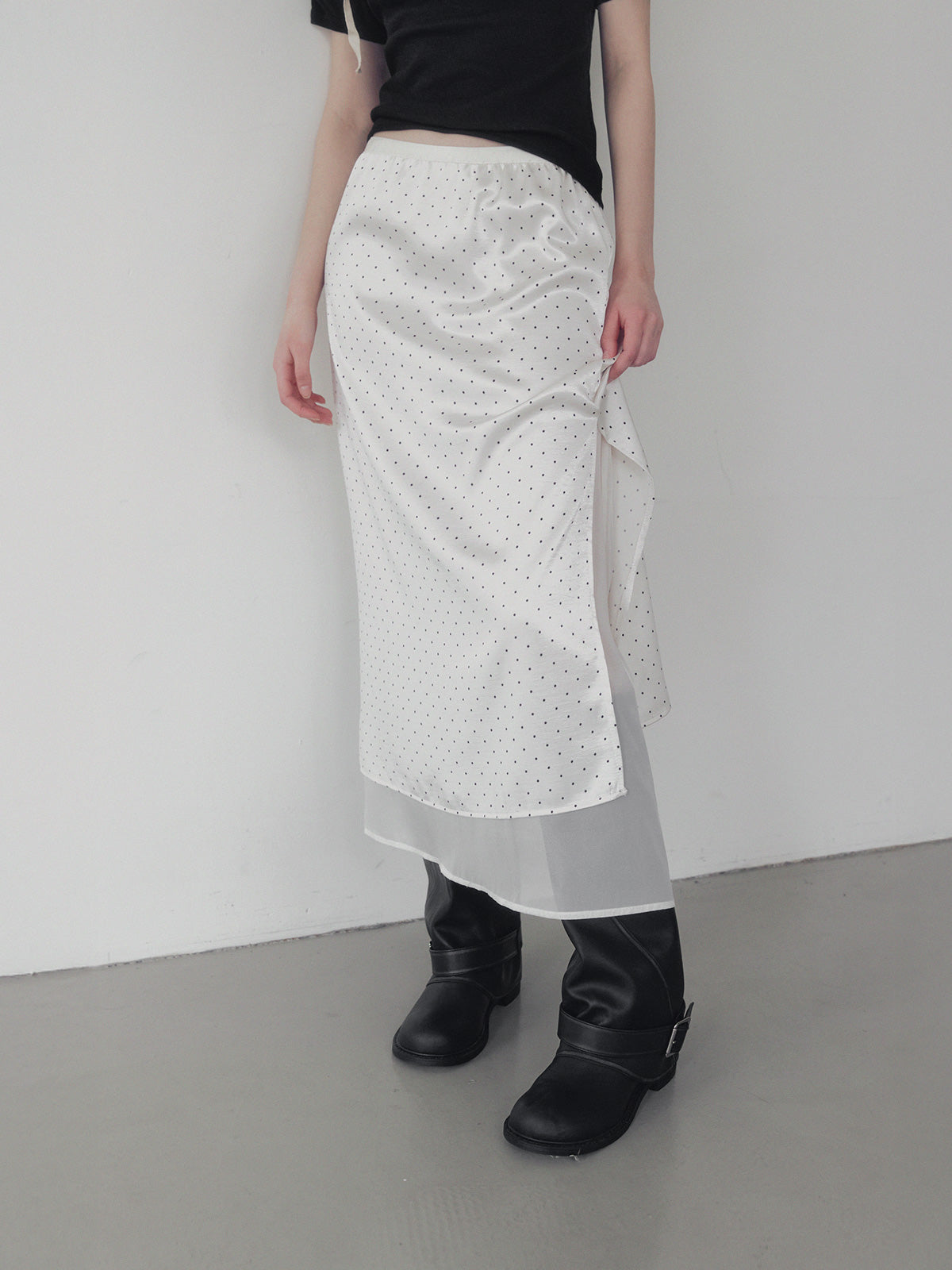 Purd dot layered banding long skirt