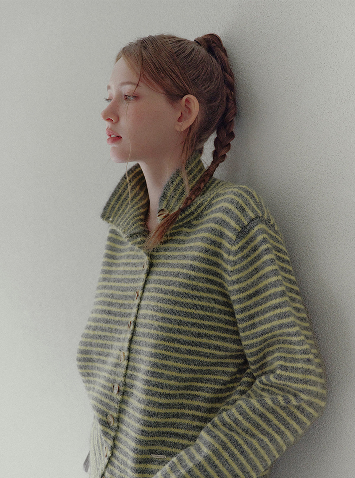 Rozin asymmetric button stripe knit long sleeve cardigan | View 12
