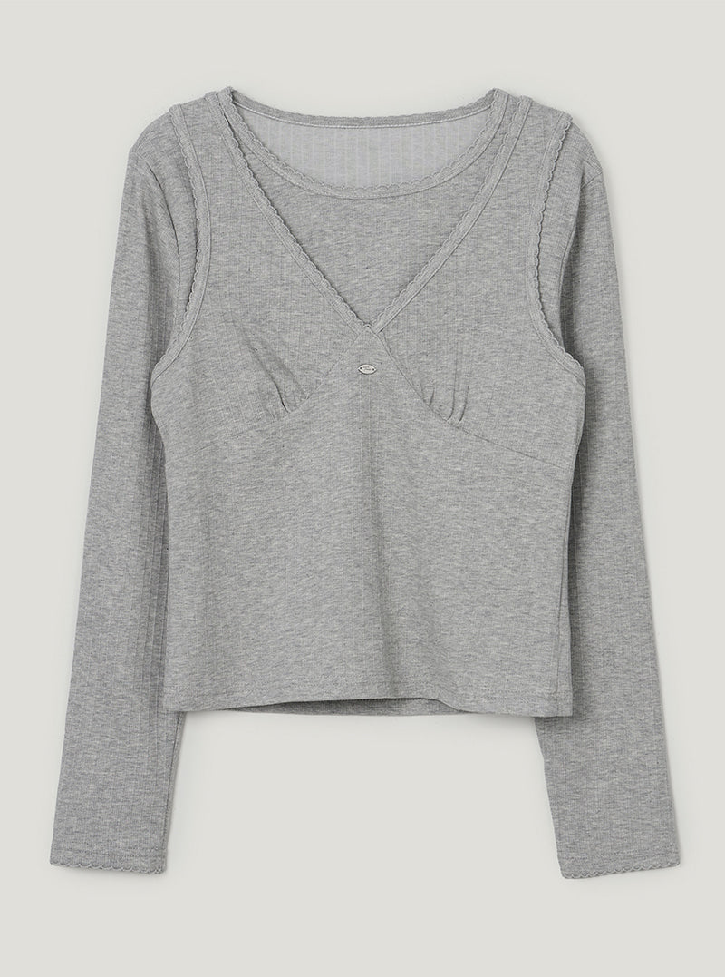 TWEE Bokle lace sleeveless long sleeve T-shirt set | Gray product-only view