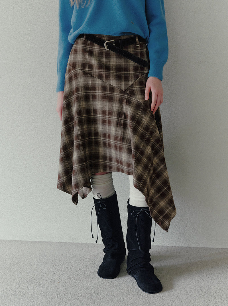 Pillin check asymmetric midi skirt (belt set) | View 3