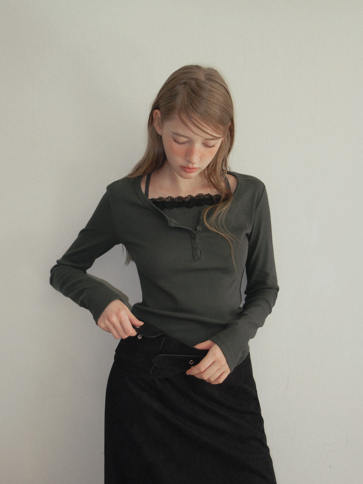TWEE Benz organza layered suede long skirt | Product styling view 14