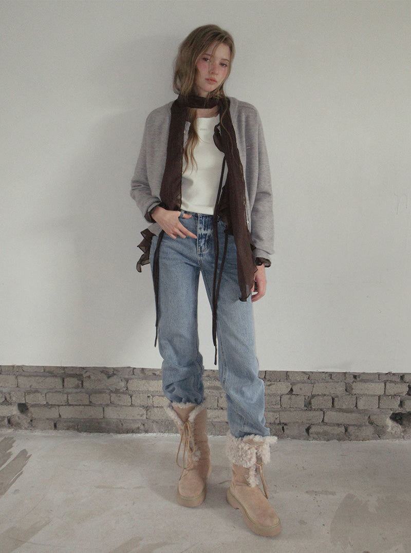 TWEE Ble round neck basic knit long sleeve cardigan | Product styling view 3