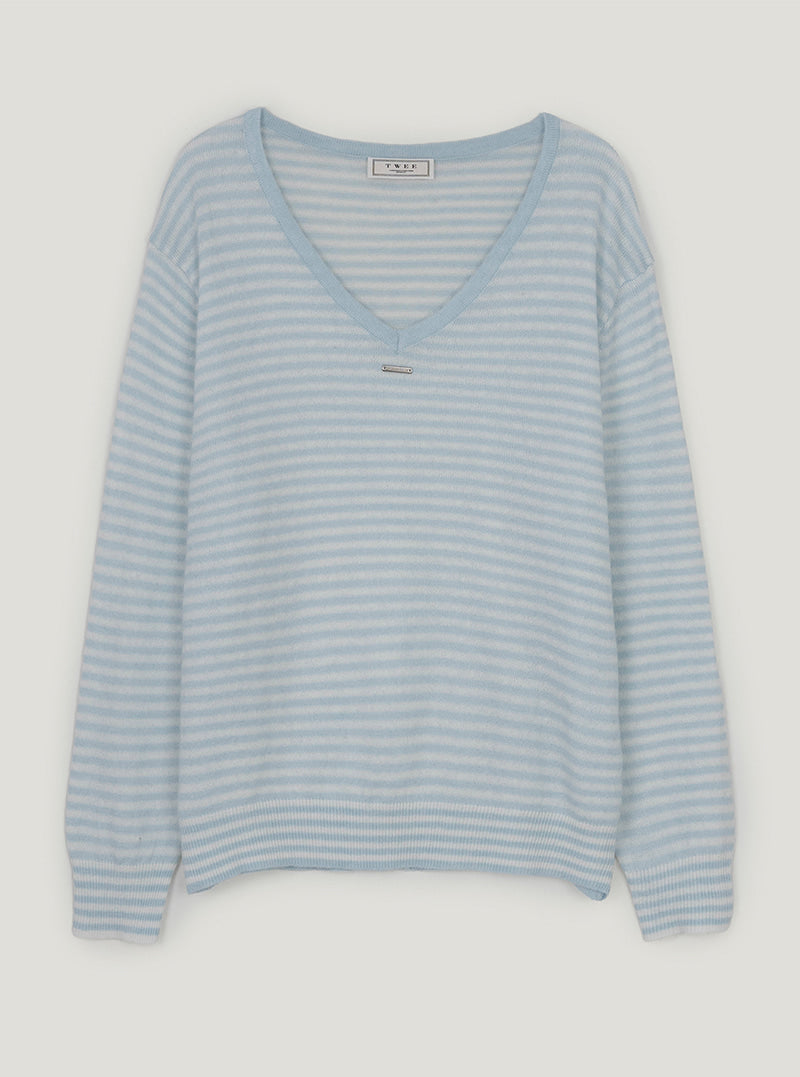 Letter V-neck stripe long sleeve knit | Sky blue cutout