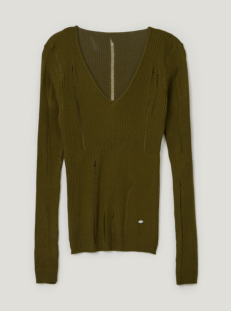 TWEE Peti vintage distressed V-neck long sleeve knit | Olive product-only view