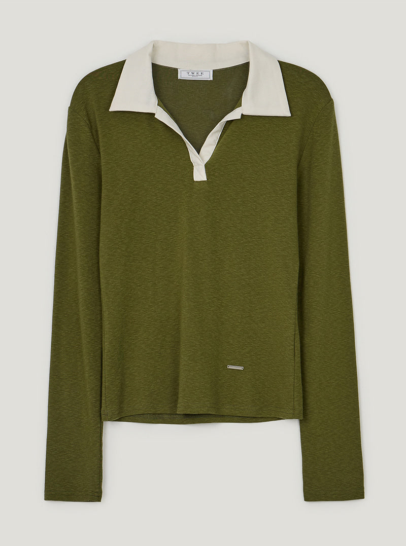 TWEE Tesher collar contrast long sleeve T-shirt | Olive product-only view