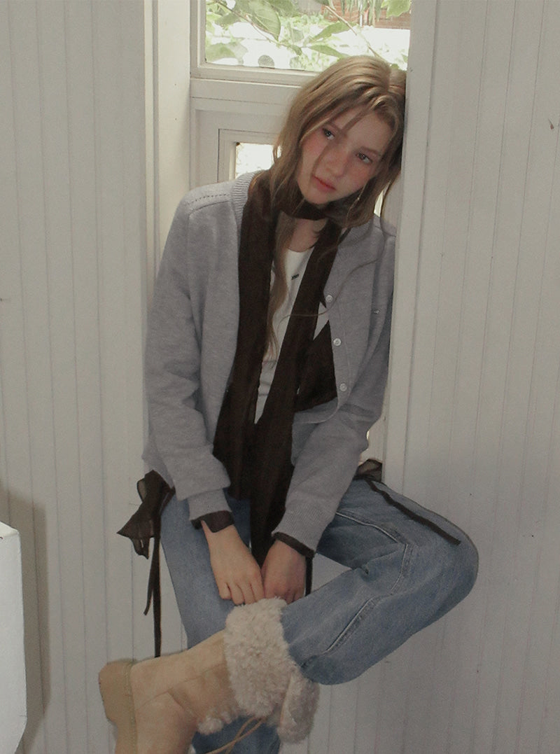 TWEE Ble round neck basic knit long sleeve cardigan | Product styling view 6