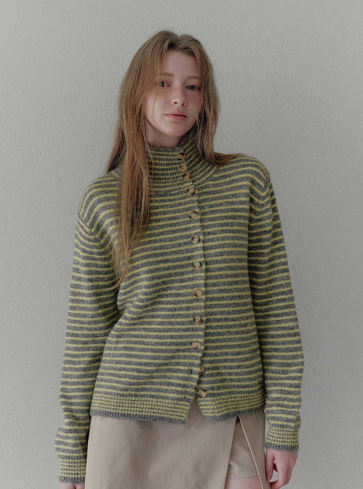 Rozin asymmetric button stripe knit long sleeve cardigan | View 3